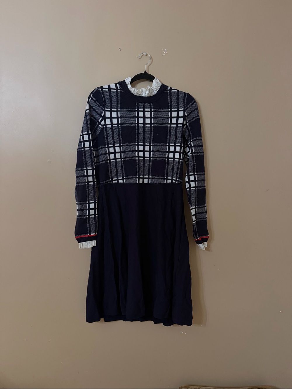 1901 Navy and White Plaid Midi Dress with Ruffle Collar